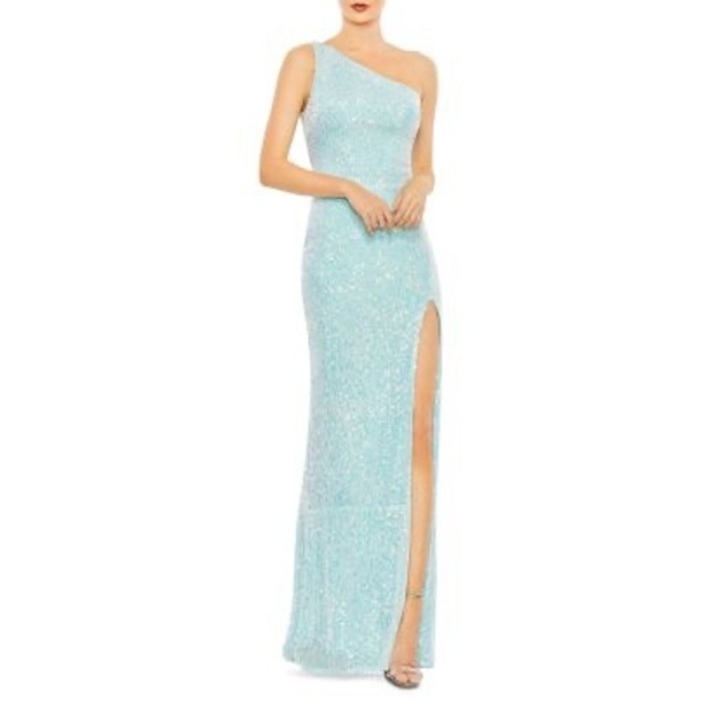 IEENA for Mac Duggal Gown Aqua Iridescent Sequin One Shoulder Dress Prom Women 2
